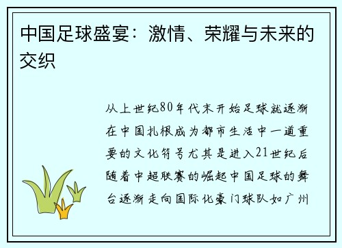 中国足球盛宴：激情、荣耀与未来的交织