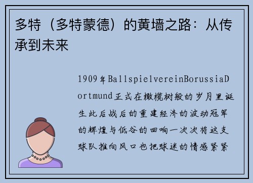 多特（多特蒙德）的黄墙之路：从传承到未来