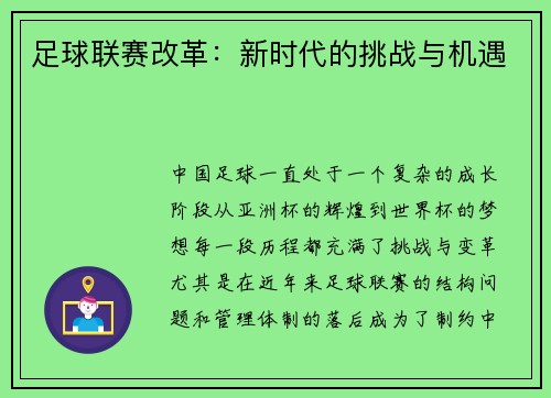 足球联赛改革：新时代的挑战与机遇