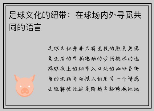 足球文化的纽带：在球场内外寻觅共同的语言